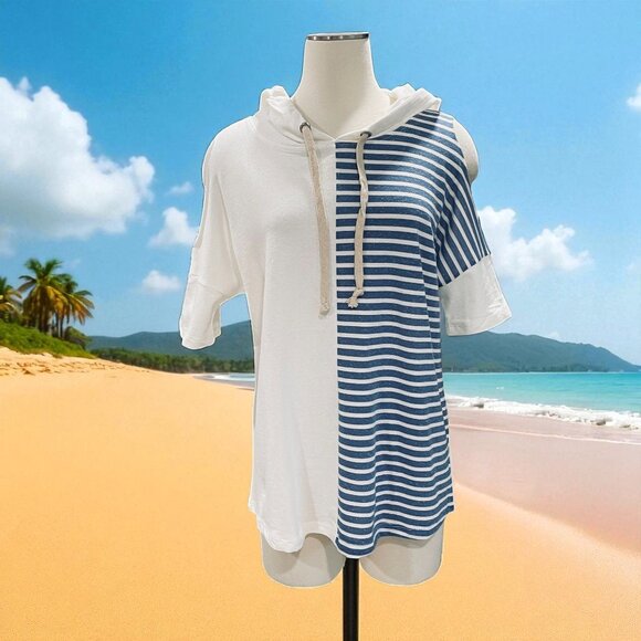 NWT Oversized Hayden LA Hoodie Tee Blue White Stripe Cotton Coastal Boho Top - Picture 1 of 9